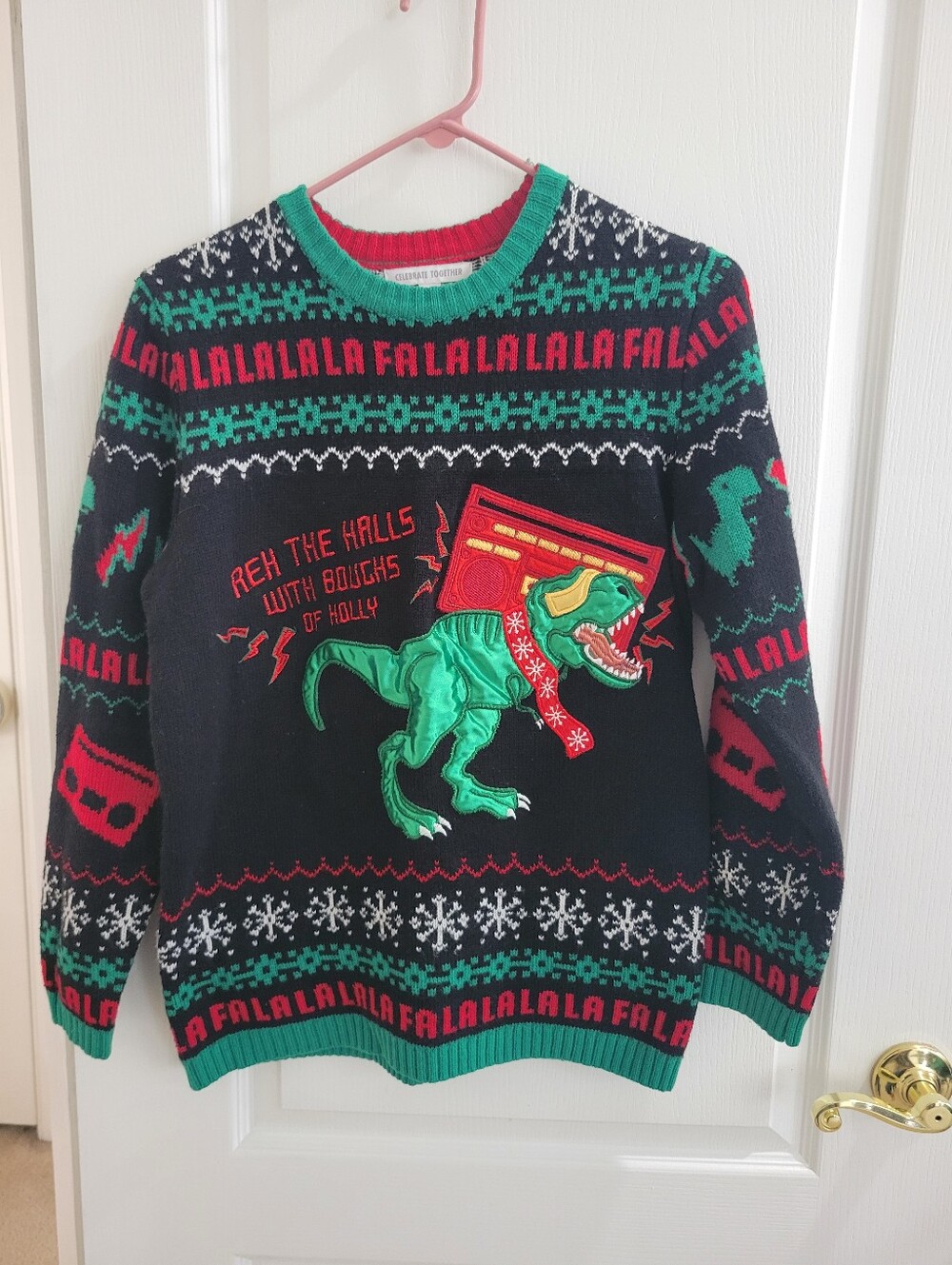 Celebrate Together Men’s Ugly Christmas Sweater T-Rex Boombox Dinosaur XL